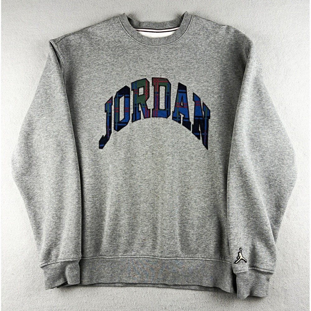 Jordan Plaid Spellout Crewneck Sweatshirt Gray Jumpman Men's Size Medium